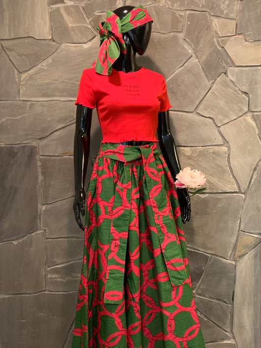 African Apparels Pink & Green Maxi Skirt with Head Wrap NWOT