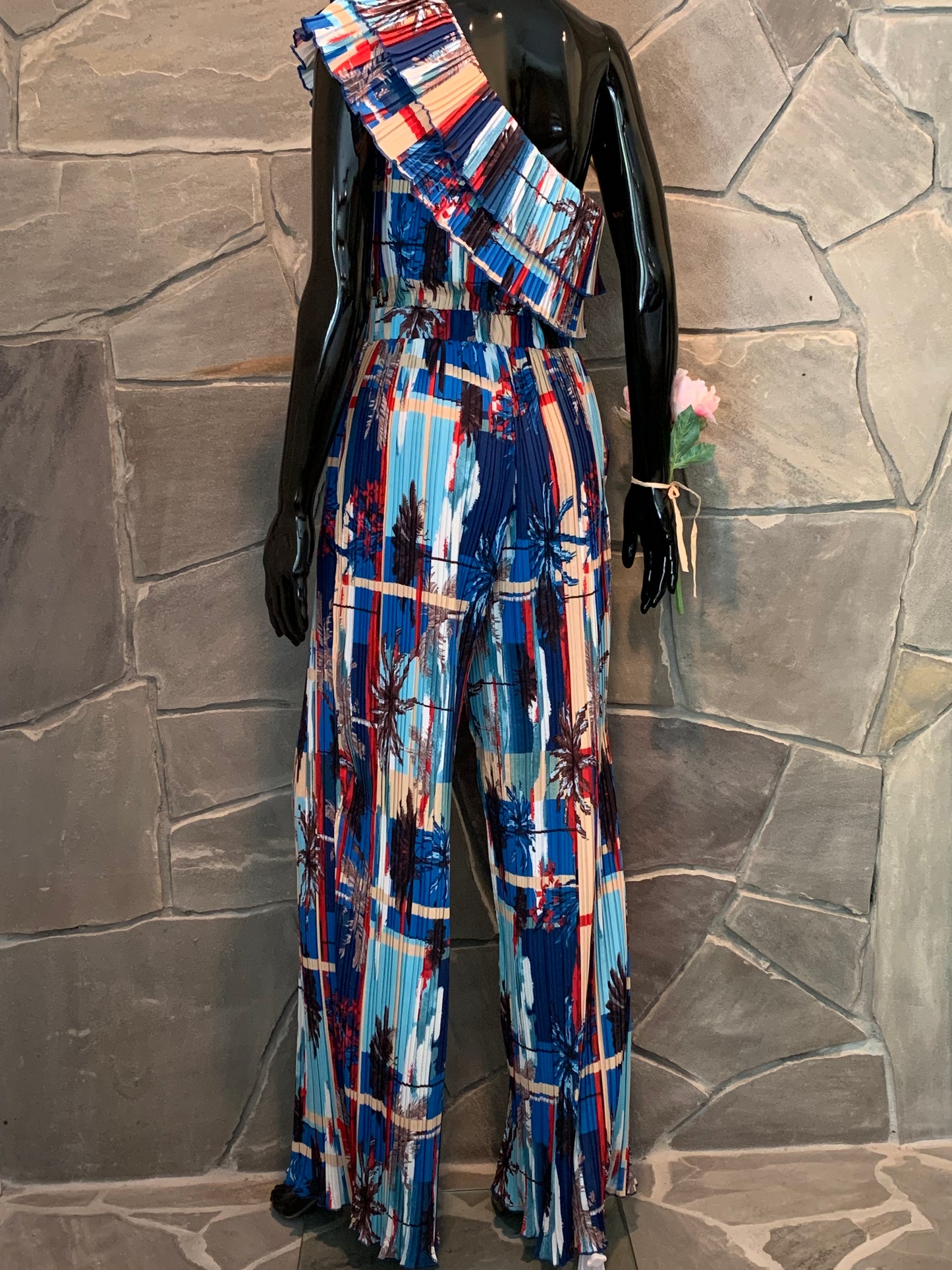 Lilly's Kloset Multi Colored One Shoulder Pleated Jumpsuit