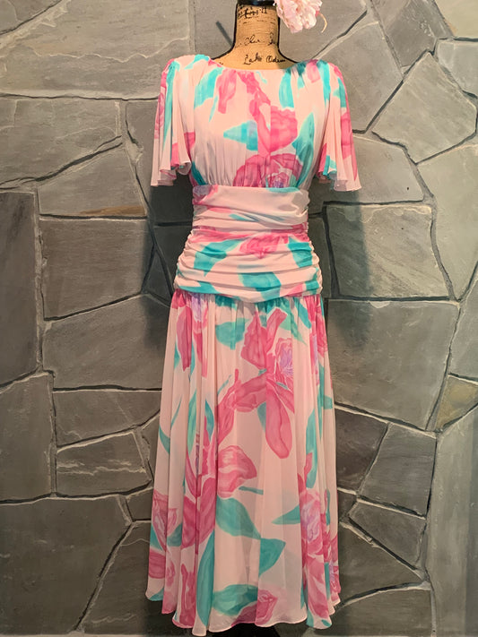 Vintage Rimini Floral Pink and Green Maxi Dress