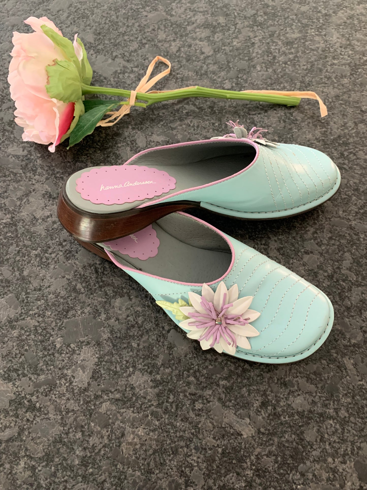 Nanna Andersson Blue Leather Mules with Flower