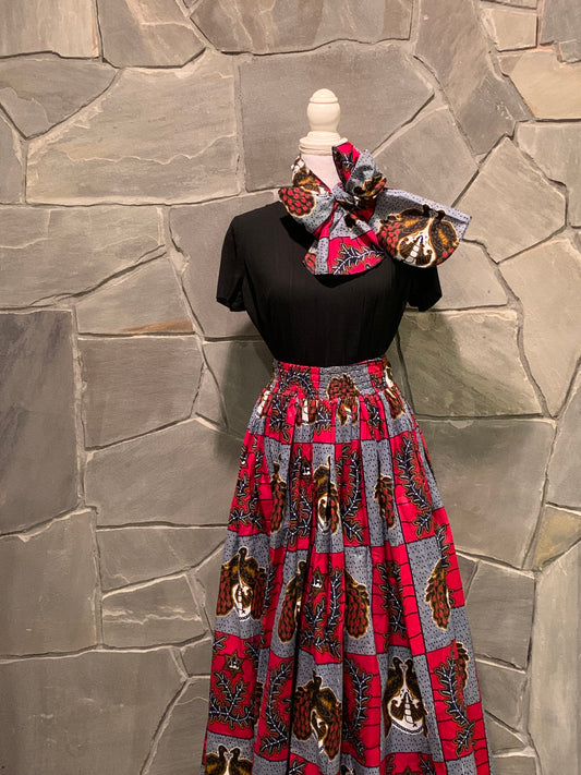 African Apparels Peacock Print Maxi Skirt and Head Wrap NWOT