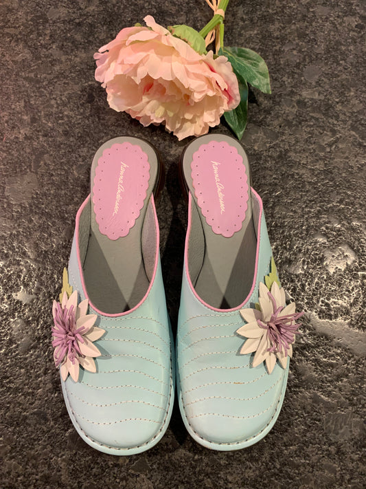 Nanna Andersson Blue Leather Mules with Flower