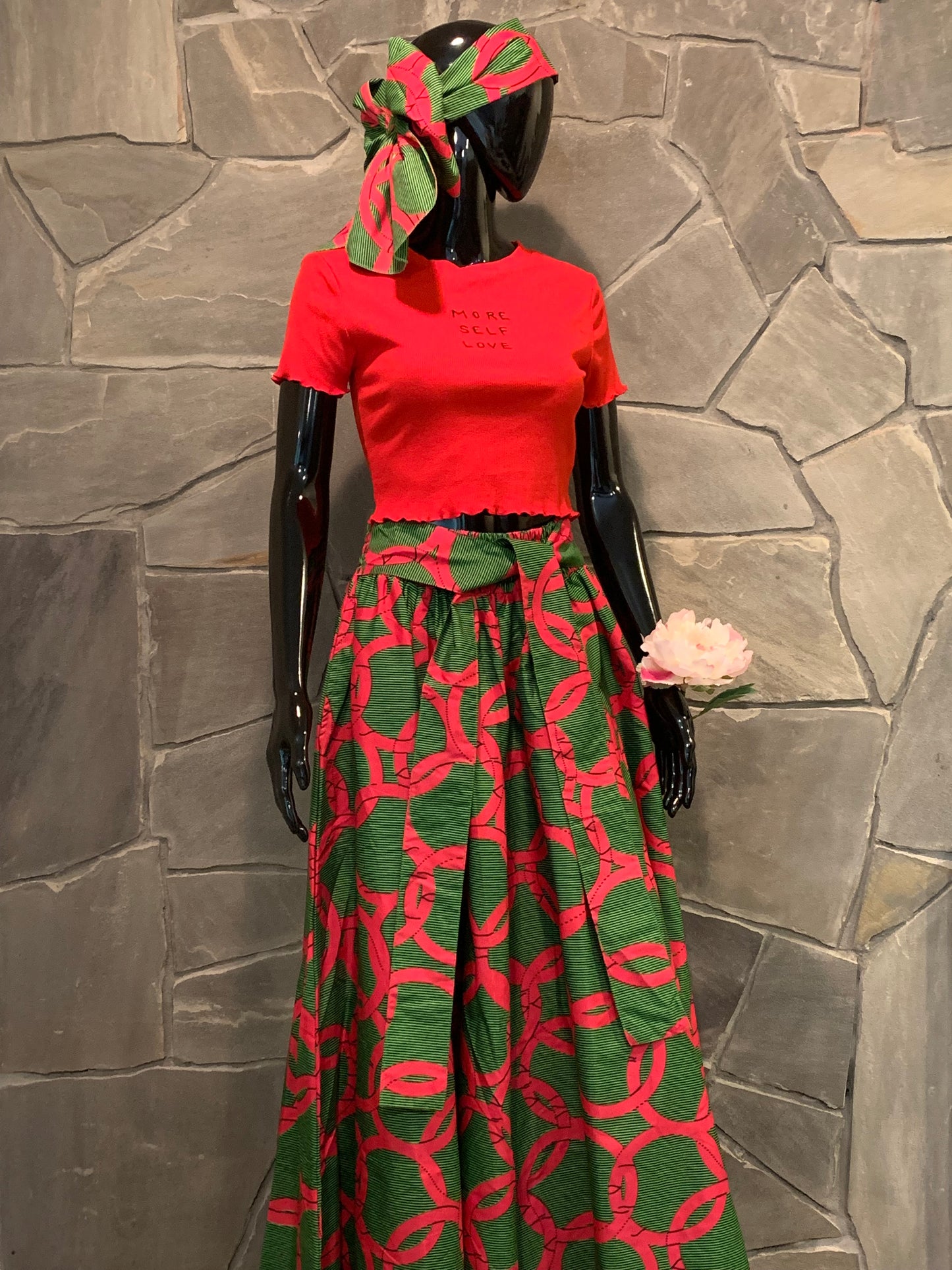African Apparels Pink & Green Maxi Skirt with Head Wrap NWOT